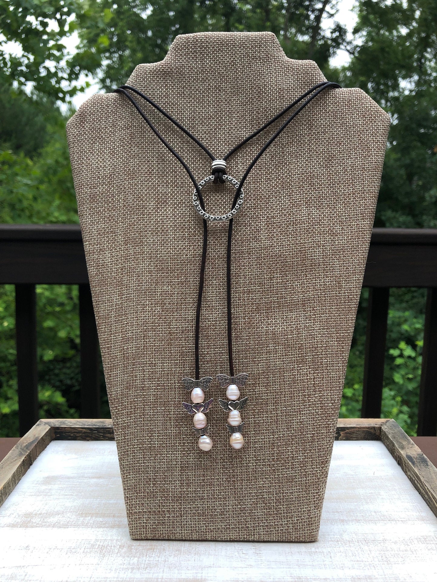 Leather and Pearl Choker Y necklace with freshwater pearls & leather cord.