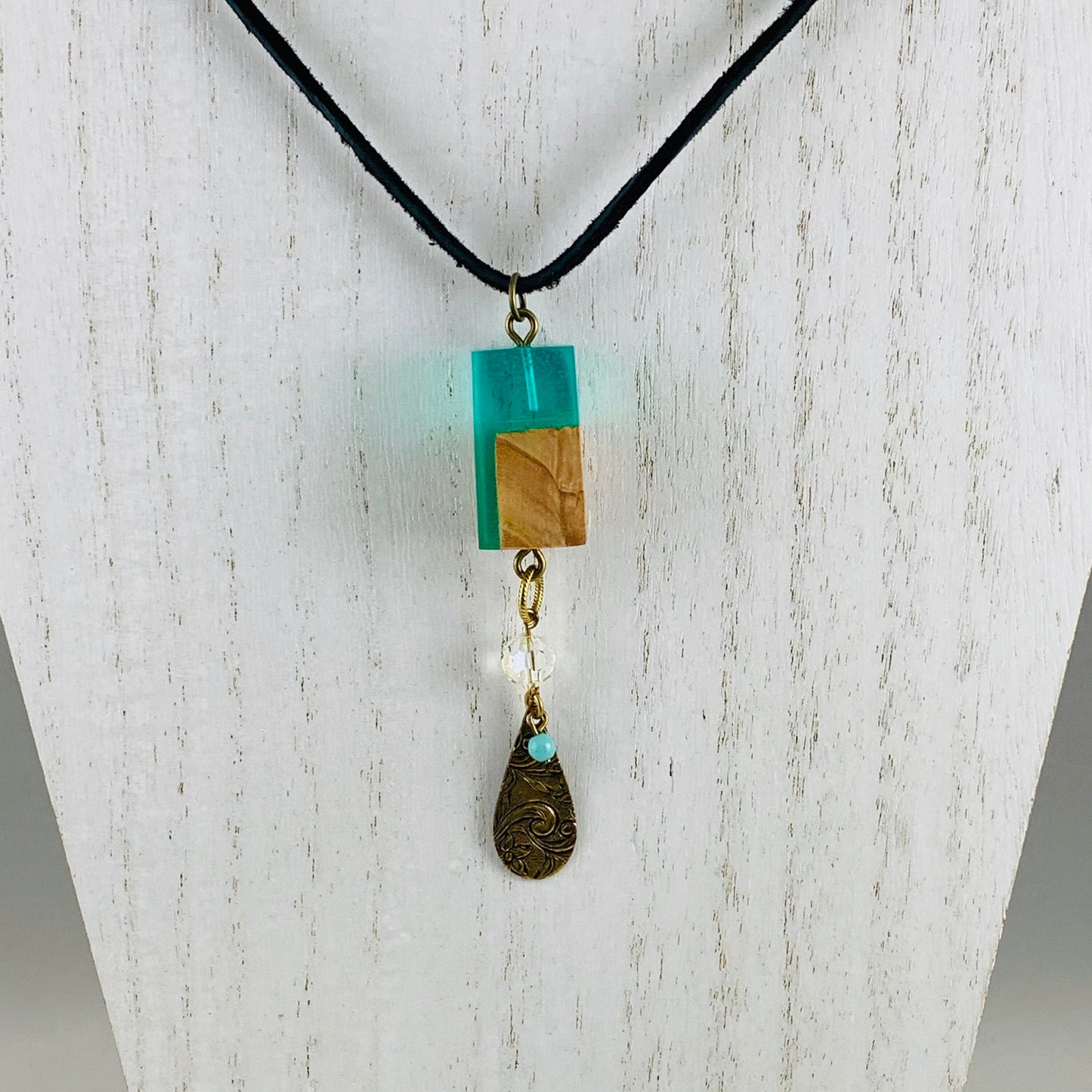 Green  Resin and Wood pendant necklace with crystal bead & teardrop charm with turquoise colored glass bead