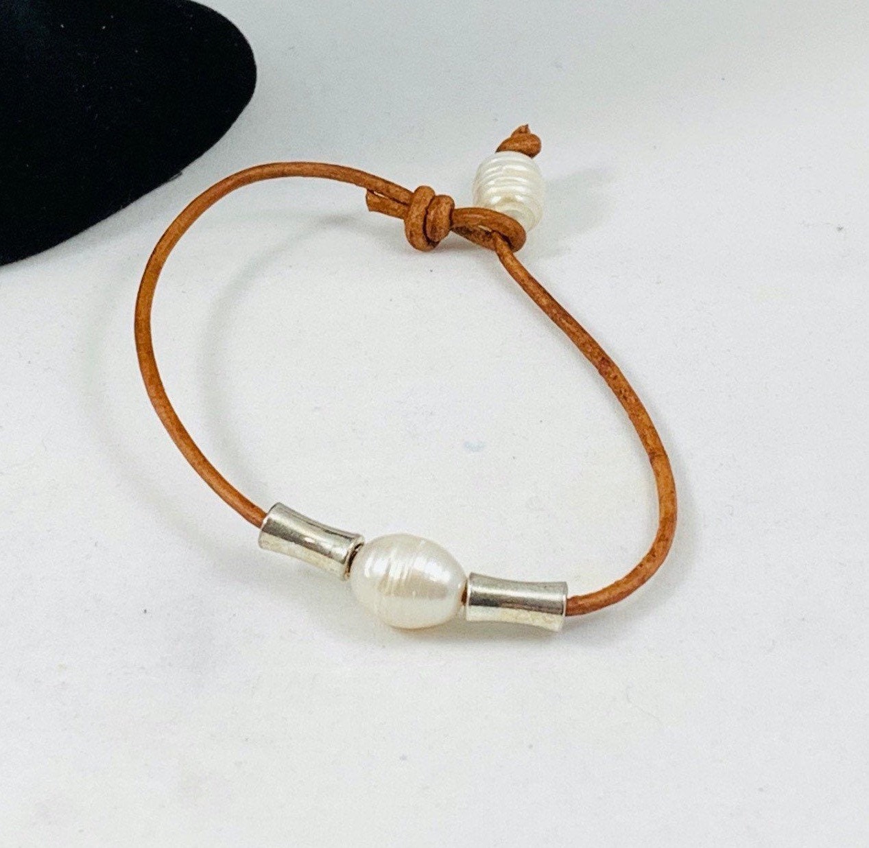 Leather Cord and Freshwater Pearl Bracelet With Silver Accents