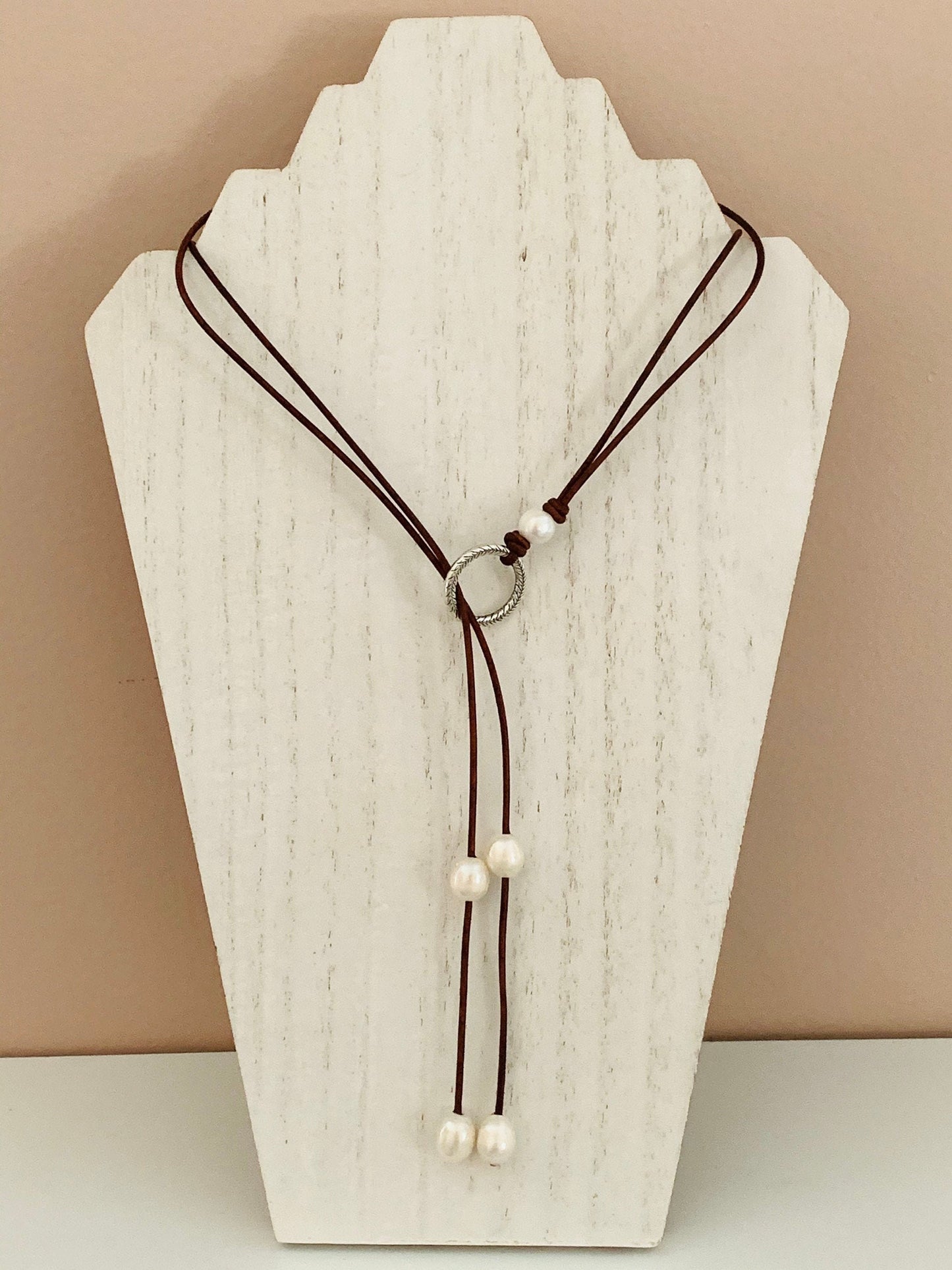 Leather and Pearl lariat Necklace with silver ring and large freshwater pearls.