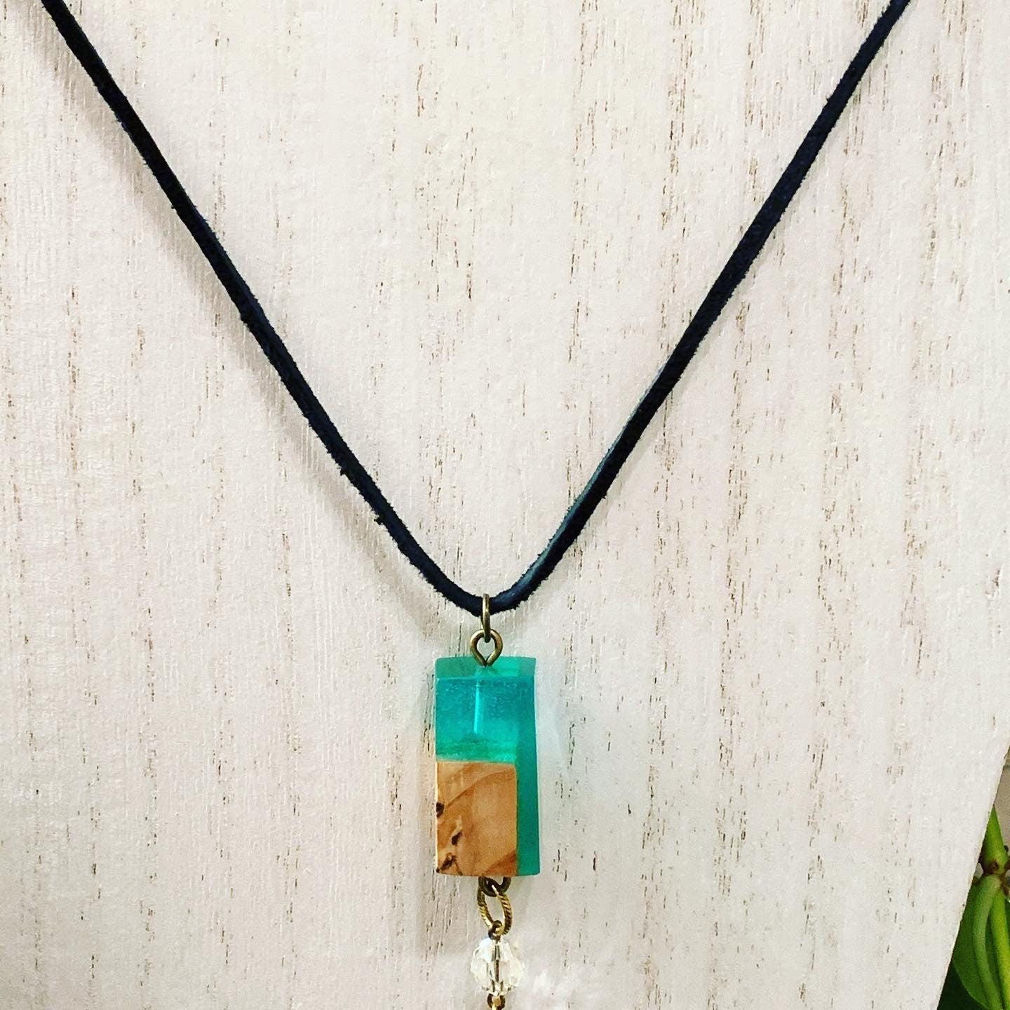 Green  Resin and Wood pendant necklace with crystal bead & teardrop charm with turquoise colored glass bead