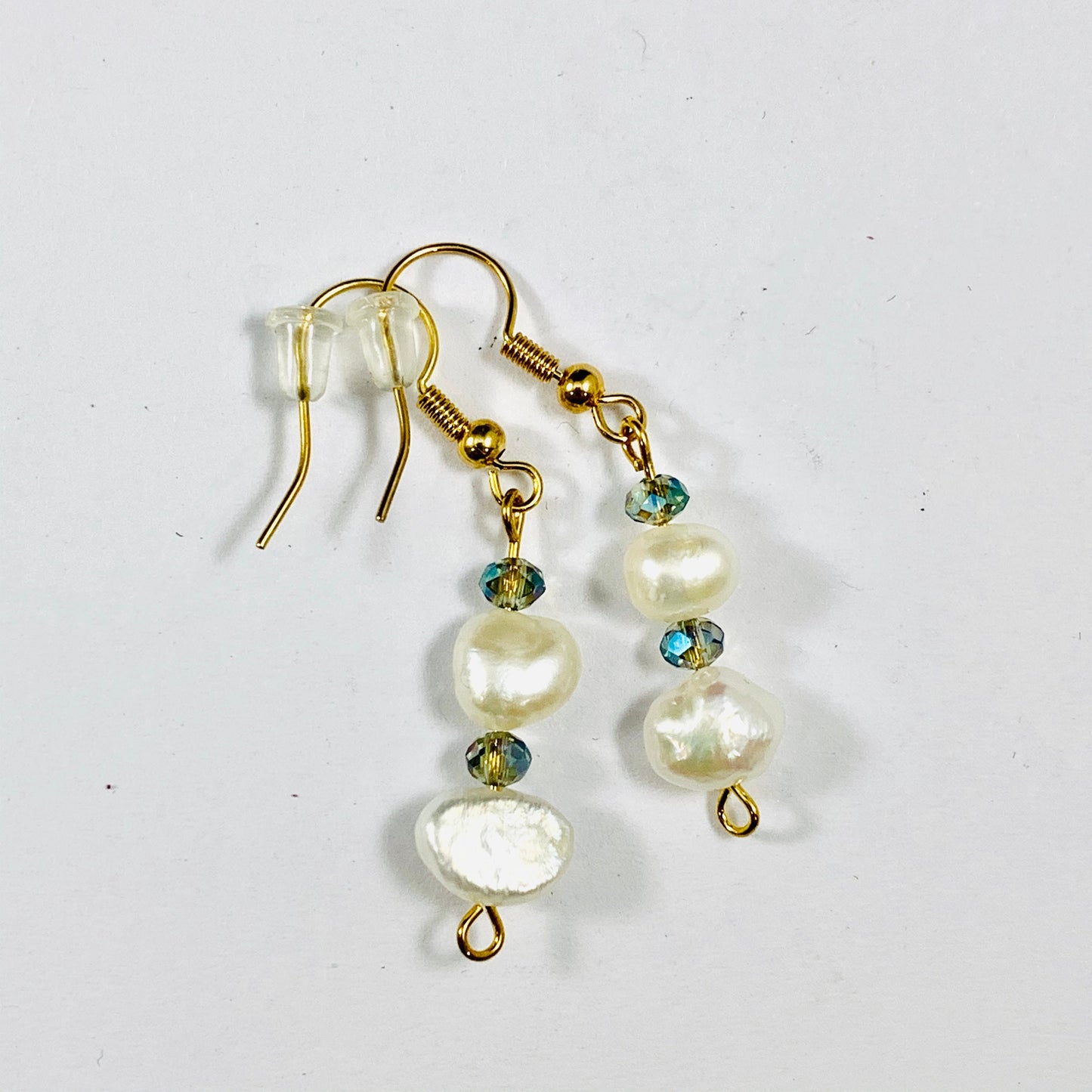 Freshwater Pearl and crystal and Gold Bead drop earrings