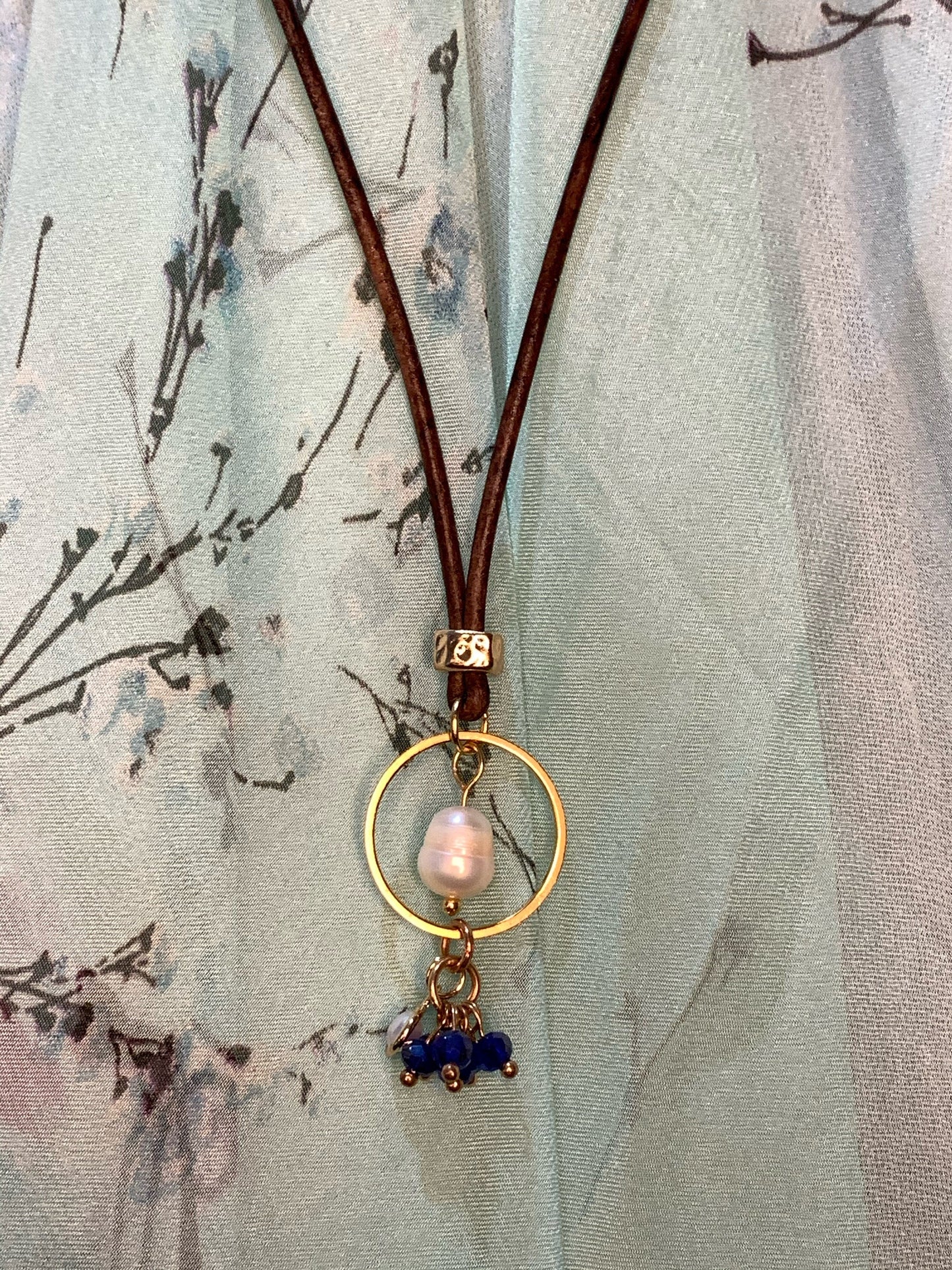 Leather and Pearl Necklace with fun blue gem charms, freshwater pearls and gold accents