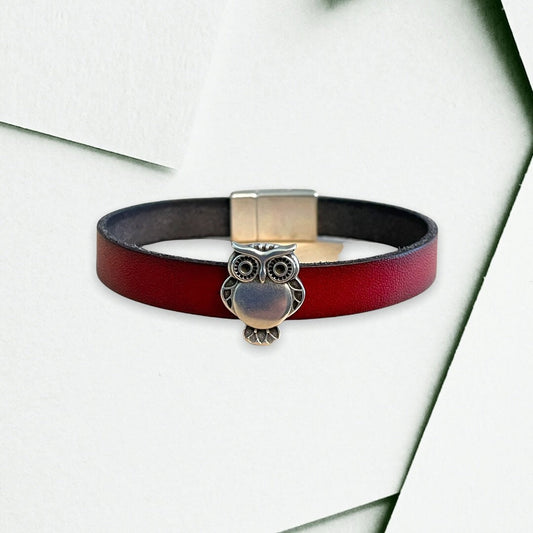 Leather and Silver Tone Owl Zamak charm bracelet with strong magnetic clasp
