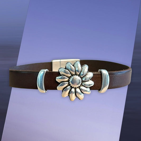 Leather and Sunshine or Sunflower Zamak charm bracelet with strong magnetic clasp