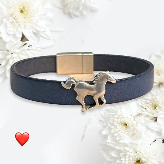 Leather and Silver (Zamak) Cuff Bracelet With Slide Horse Charm and Magnetic Closure