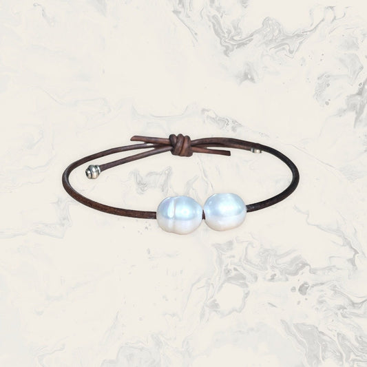 Leather Cord and Freshwater Pearl Bracelet With sliding knot closure