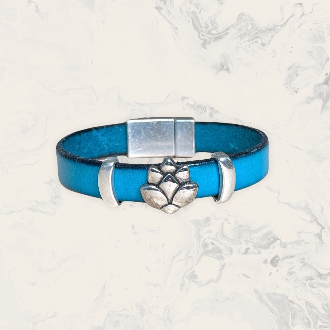 Leather and Silver (Zamak) Cuff Bracelet With Slide Lotus Charm and Magnetic Closure