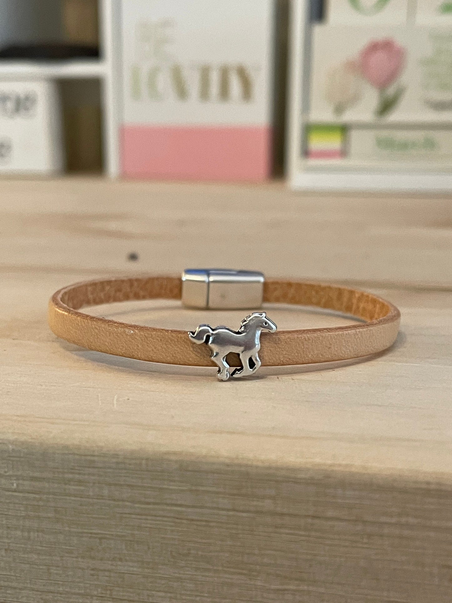 Leather and Silver (Zamak) Cuff Bracelet With Horse Slide  Charm and Locking Magnetic Closure