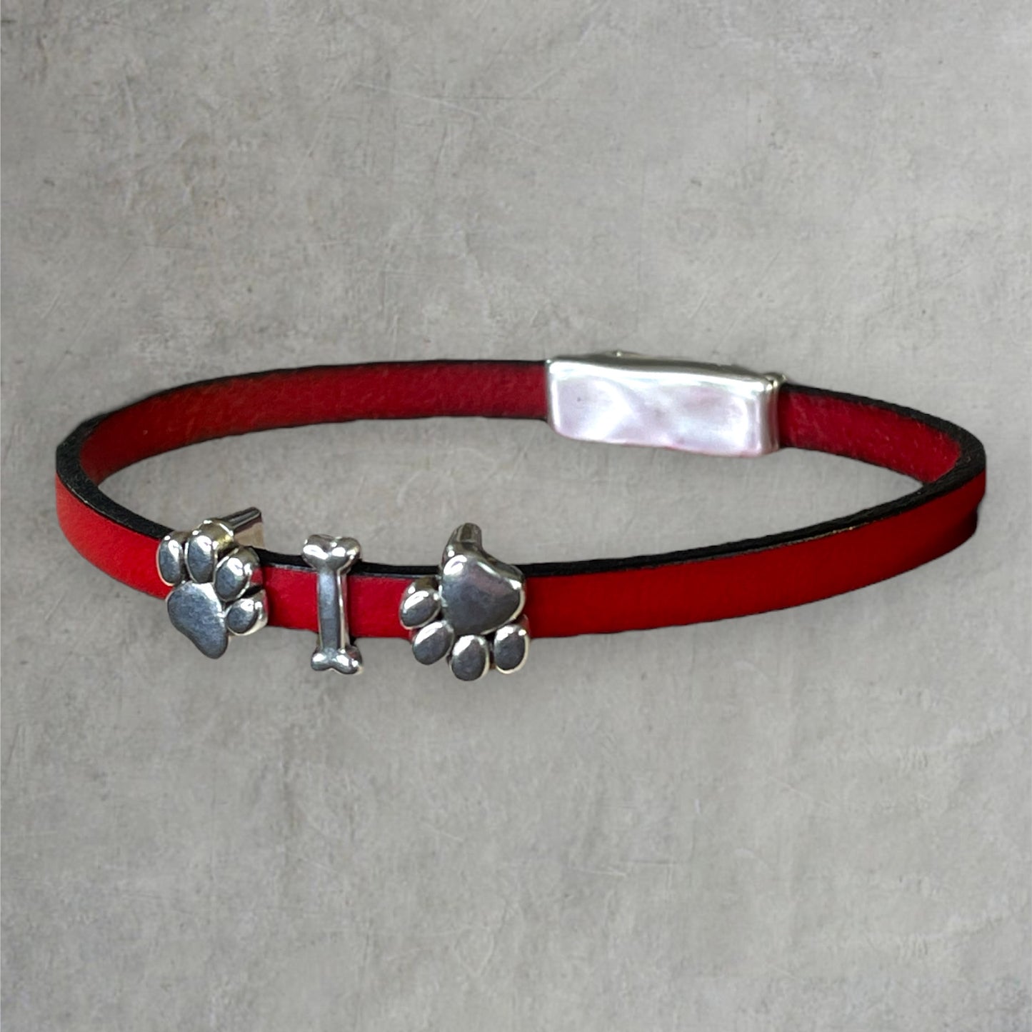 Leather and Silver (Zamak) Cuff Bracelet With Slide Paw and Bone Charms and Magnetic Closure