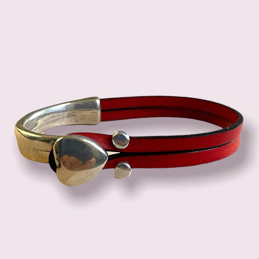 Heart Post Half Bracelet Wrapped with 5 mm Smooth Flat Leather