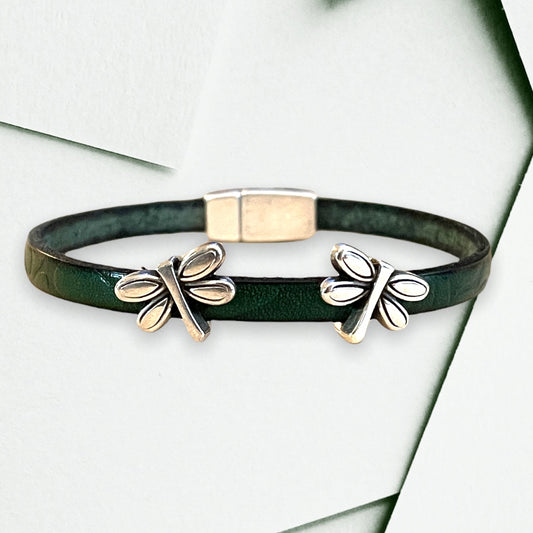 Leather Bracelet with slide Dragonfly Charms